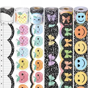 Back to School 65 Feet Bulletin Board Borders for Classroom Decor, Scalloped Paper Border Trim Roll, Teacher Supplies for Wall Door Chalkboard Whiteboard, Preschool Daycare Homeschool Office Decorations, Apple Bow Smiley Rainbow Pastel Styles