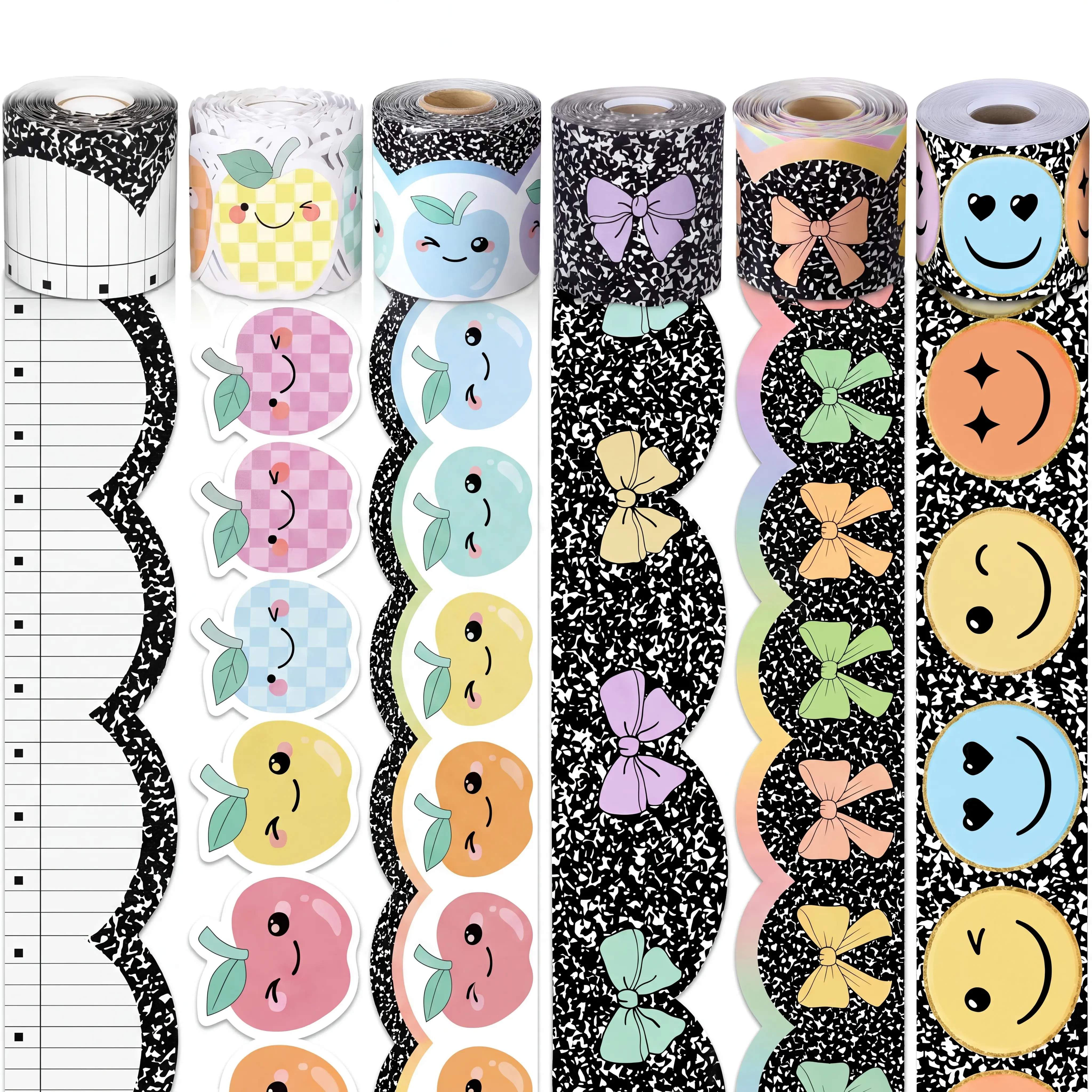 Back to School 65ft Scalloped Paper Bulletin Board Border Trim Roll (1 Roll), Teacher Office Stationery, Smiley Face Styles for Classroom Wall Door Decor, DIY Party Decor