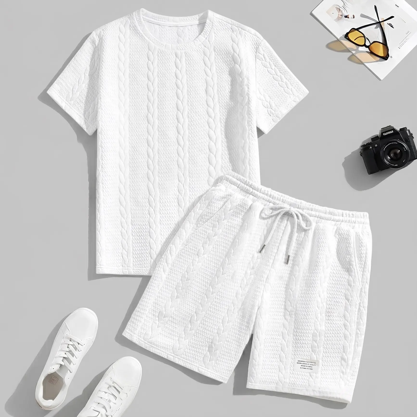 Men's Geometric Letter Graphic Textured Fabric Drawstring Waist Shorts Set 2 Counts, Short Sleeve T-Shirt & Pocket Track Shorts, Casual Fashion Cozy Men Two-Piece Outfits For Spring & Fall