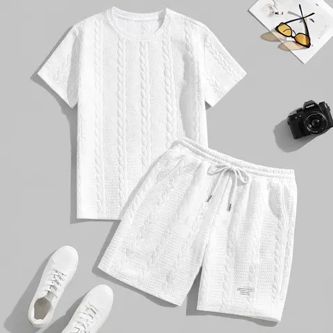 Men's Geometric Letter Graphic Textured Fabric Drawstring Waist Shorts Set 2 Counts, Short Sleeve T-Shirt & Pocket Track Shorts, Casual Fashion Cozy Men Two-Piece Outfits For Spring & Fall
