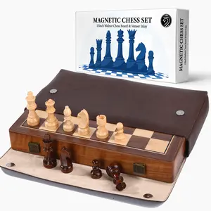 15 Inch Walnut Magnetic Chess Board Set for Adults Kids Wooden Chess, Folding Portable Travel Chess Game for Tournament Professional Beginner
