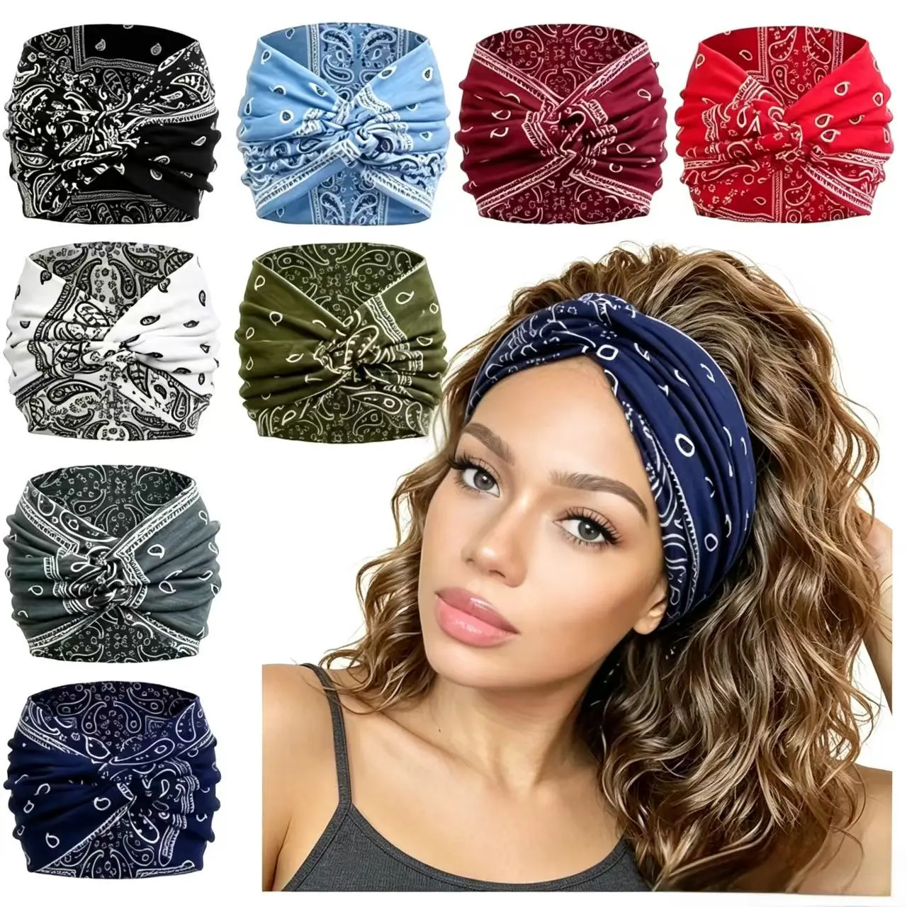 Bohemian women's printed headband, anti slip cashew sweat absorbing sports headband, Workout headbands, suitable for sports, yoga, daily fashion, 8-piece set with multiple colors to choose from Elastic headbands casual simple hair accessory