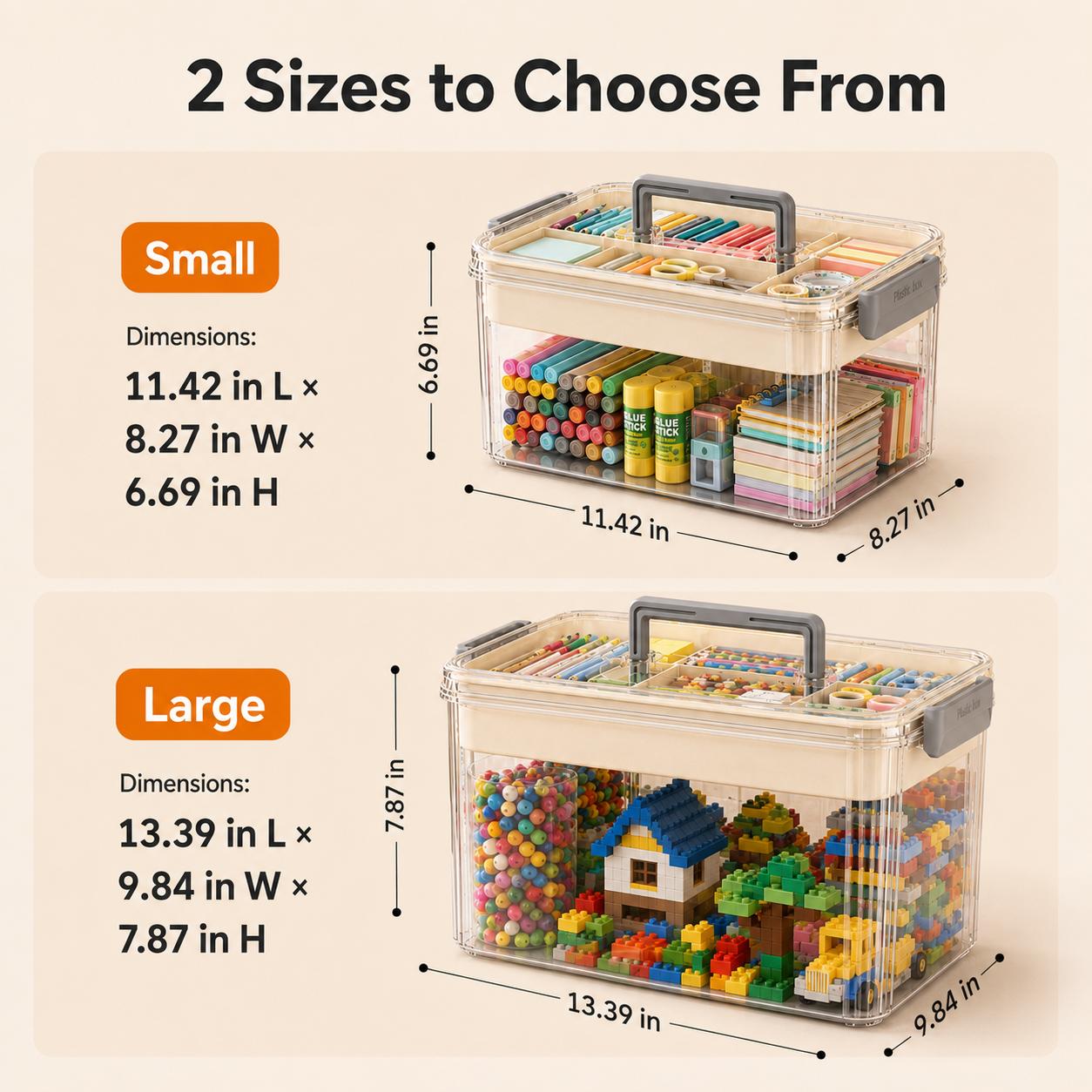 UFORU Compartmented 2-Tier Storage Organizer with Handle for Carry - Home Supplies Zoned Storage Organization, Large Capacity Portable Craft Box for Pens, Markers, Art Supplies, Kids’ Small Building Blocks & Toy Parts, Transparent Multipurpose Organizer