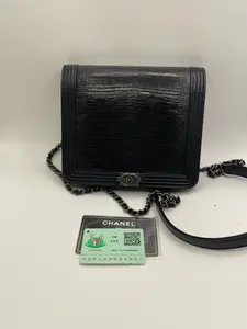 Pre-owned CHANEL 98% New Black & Silver Le Boy WOC Chain Bag, Lizard & Lambskin Leather, with Card, Laser Engraved Edition