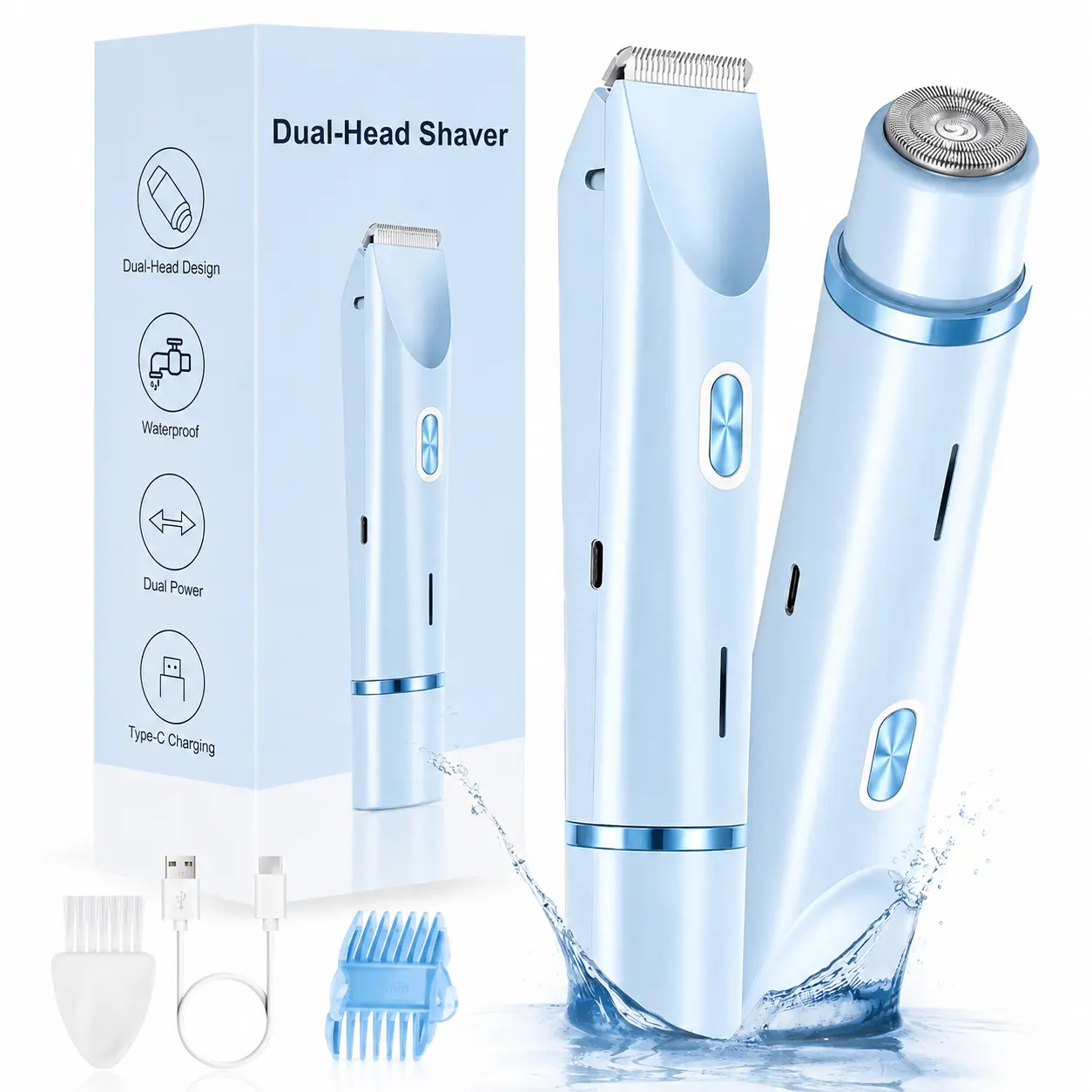 Body Hair Trimmer & Electric Shaver - Cordless Dual-Head Groomer with Ceramic-Titanium Blades, 10000 RPM and IPX7 Waterproof Design