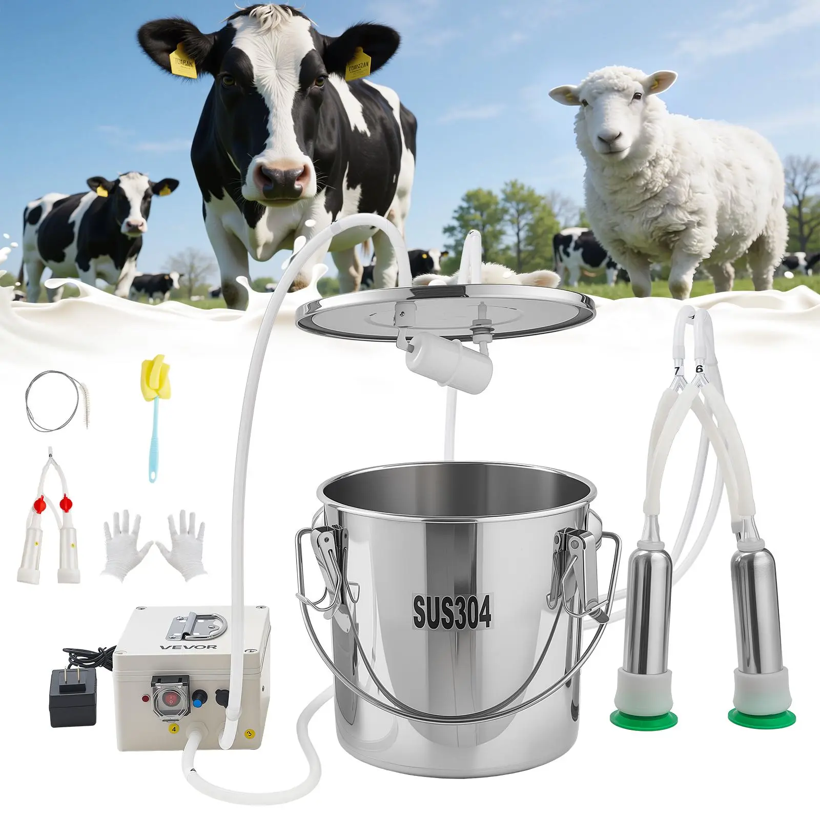 【Summerfinds】VEVOR Goat Milking Machine, 3.2 Gal / 12 L Food-Grade Stainless Steel Bucket, 4 Teat Cups for Cows and Goats, with 8000 mAh Rechargeable Battery, Electric Pulsation Milking Machine Portable Milker
