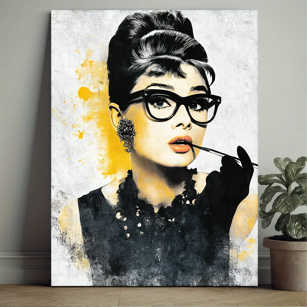 1 Framed Audrey Hepburn Comic Style Poster - Iconic Celebrity Actress 2D Flat Wall Art Print, 12x16in (30x40cm) Pine Wood Frame Wrapped Canvas, Suitable for Office, Dormitory Home Decor