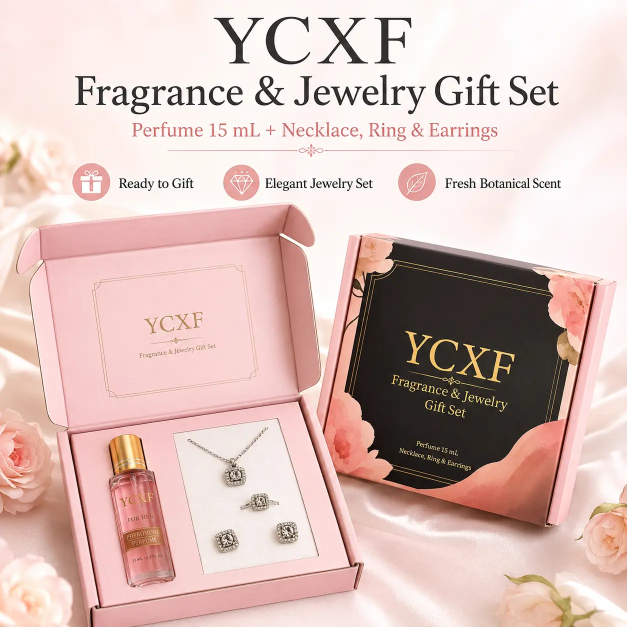 Women's Pheromone Perfume & Jewelry Gift Box Set | 0.51oz Long Lasting Roll-On Fragrance, Necklace, Ring & Earrings 5-Piece Portable Kit, Perfect for Date Night, Office, Party, Travel, Valentine’s Day & Birthday Gift