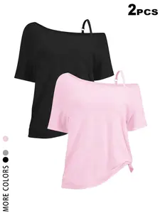 2 Pack Off Shoulder Oversized T-Shirts for Women, Y2K Aesthetic Asymmetrical Strap Casual Tees, Short Sleeve Slouchy Streetwear Tops, TikTok Viral 2026 Edgy Outfit, Perfect for Daily Wear, Club, Party, Concert, Stylish Gothic Tops for Teen Girls, Gen Z