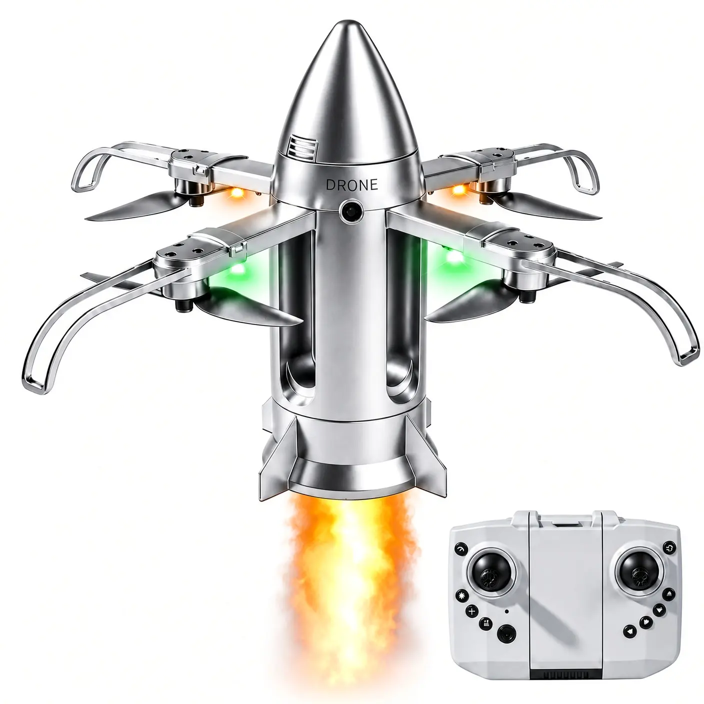 Remote Control Space Rocket Drone with Tail Mist Exhaust & LED Lights, Foldable Quadcopter with Altitude Hold & 360° Flips for Indoor Outdoor Flight