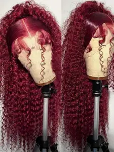 36 Inch 360 99j Burgundy Lace Front Wig Human Hair 180% Density Hidden Straps Deep Wave Wig With Drawstring 360 Full Lace Wig For Women Glueless Human Hair
