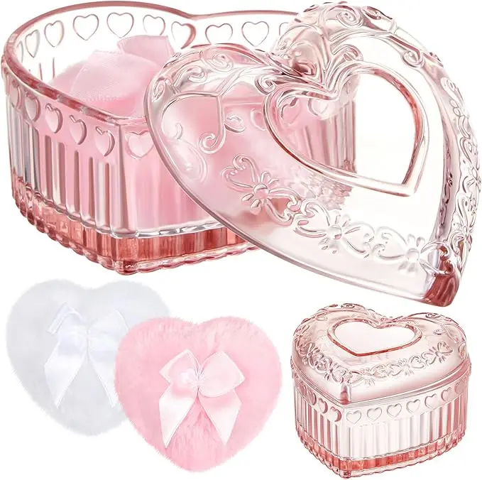 Valentine’s Day Gift 3 Pcs Large Body Powder Puff Set Crystal Soft Washable Reusable Velour Makeup Puff with Pink Heart Design Container for Wet Dry Use
