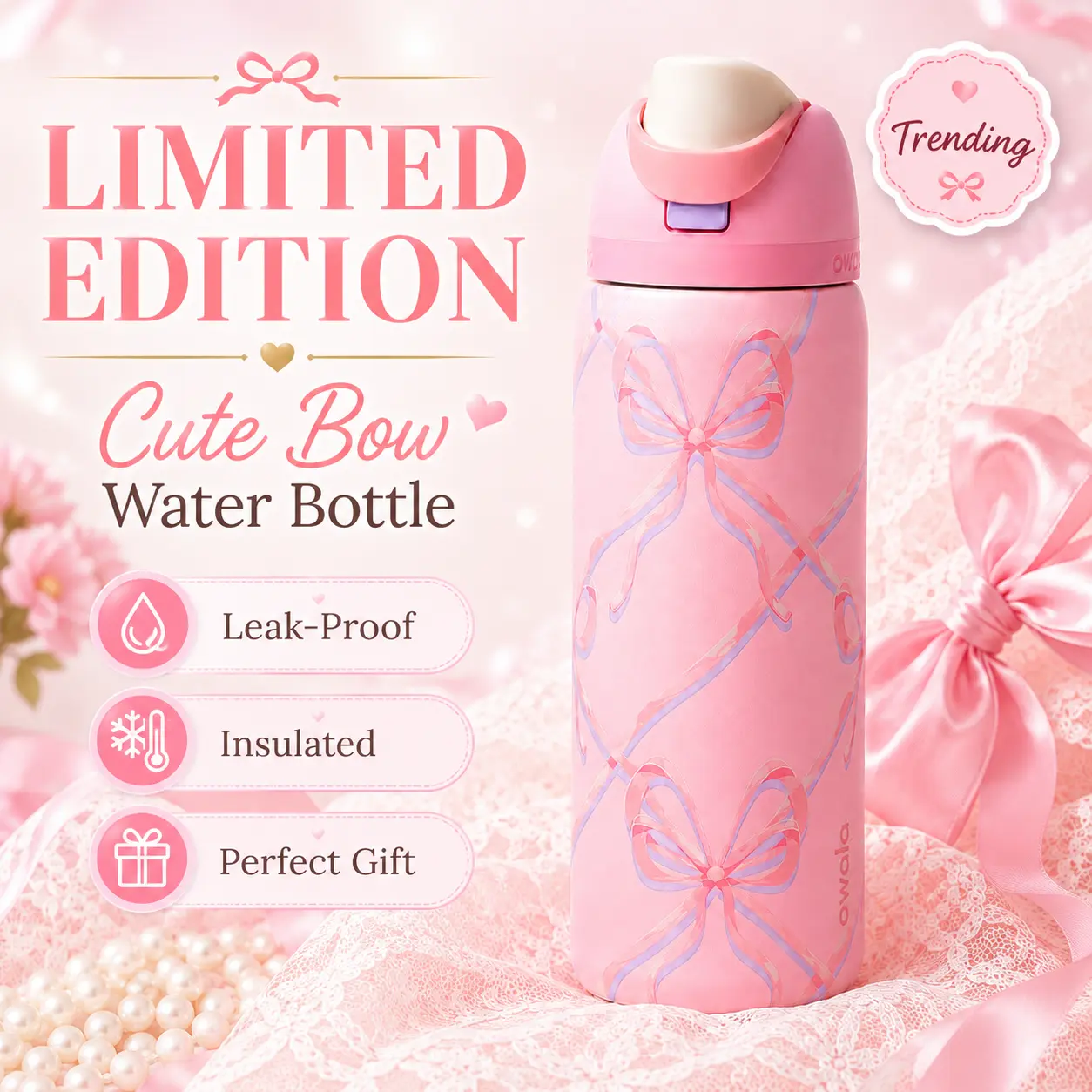 Owala FreeSip Sugar Plum Fairy 32 oz Water Bottle – Pastel Pink Bow Print Insulated Stainless Steel Bottle with Built-In Straw