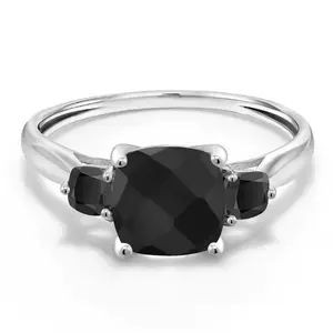 Gem Stone King 10K White Gold Black Onyx 3-Stone Engagement Ring | 1.73 Cttw | Cushion 7MM and 3MM | Three Stone Wedding Anniversary Promise Ring For Women