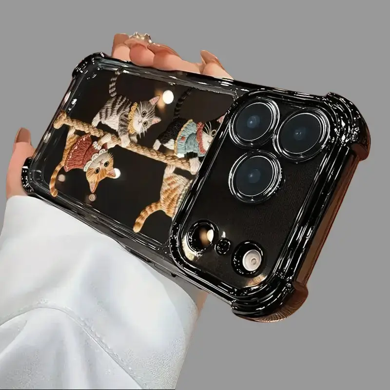 Kawaii Kitten Climbing Rope Cartoon Print Phone Case - Shockproof Electroplated TPU Cover with Corner Air Protection for iPhone 17,16,15,14,13,12,11 Pro Max Plus (Pet Lover-Focused)