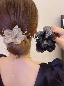 Vintage Embroidery Leaf Mesh Hair Ties, 2 Counts Flower Design Hair Scrunchies for Women & Girls, Minimalist Headwear Suitable for Thick Hair, Floral Hair Accessories