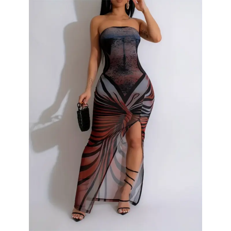Sexy Stripe Pattern Maxi Dress - Women's Strapless High Slit Summer Knit Fabric - 95% Polyester 5% Elastane, Mesh Bandeau Style, 175g/m² Lining Weight, 100g/m² Fabric Weight summer outfits Womenswear Collar