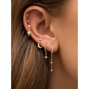 Star & Moon Design Dangle Earrings & Stud Earrings, Cute Rhinestone Decor Earrings Set, Fashion Jewelry Accessories for Women & Girls, Constellation Earring