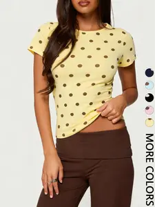 1 Spring Summer Polka Dot Baby Tee Women | Round Neck Slim Fit Cropped Short Sleeve Top | Y2K 90s Retro Preppy Style for Daily Vacation Date Wear