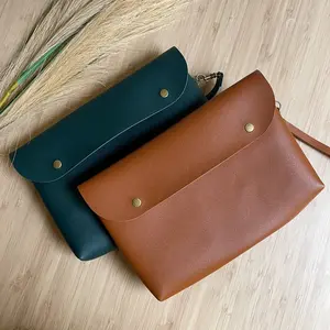 Clutch leather camel green with wristlet