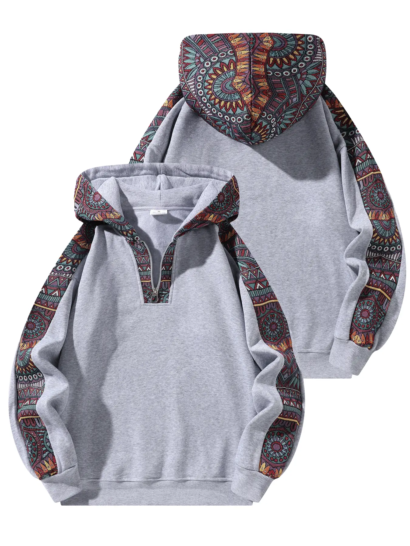 Men's Hoodie, Ethnic Pattern Color Block Quarter Zip Longsleeve Pullover, Casual Fashion Sweatshirt for Streetwear, Longsleeves