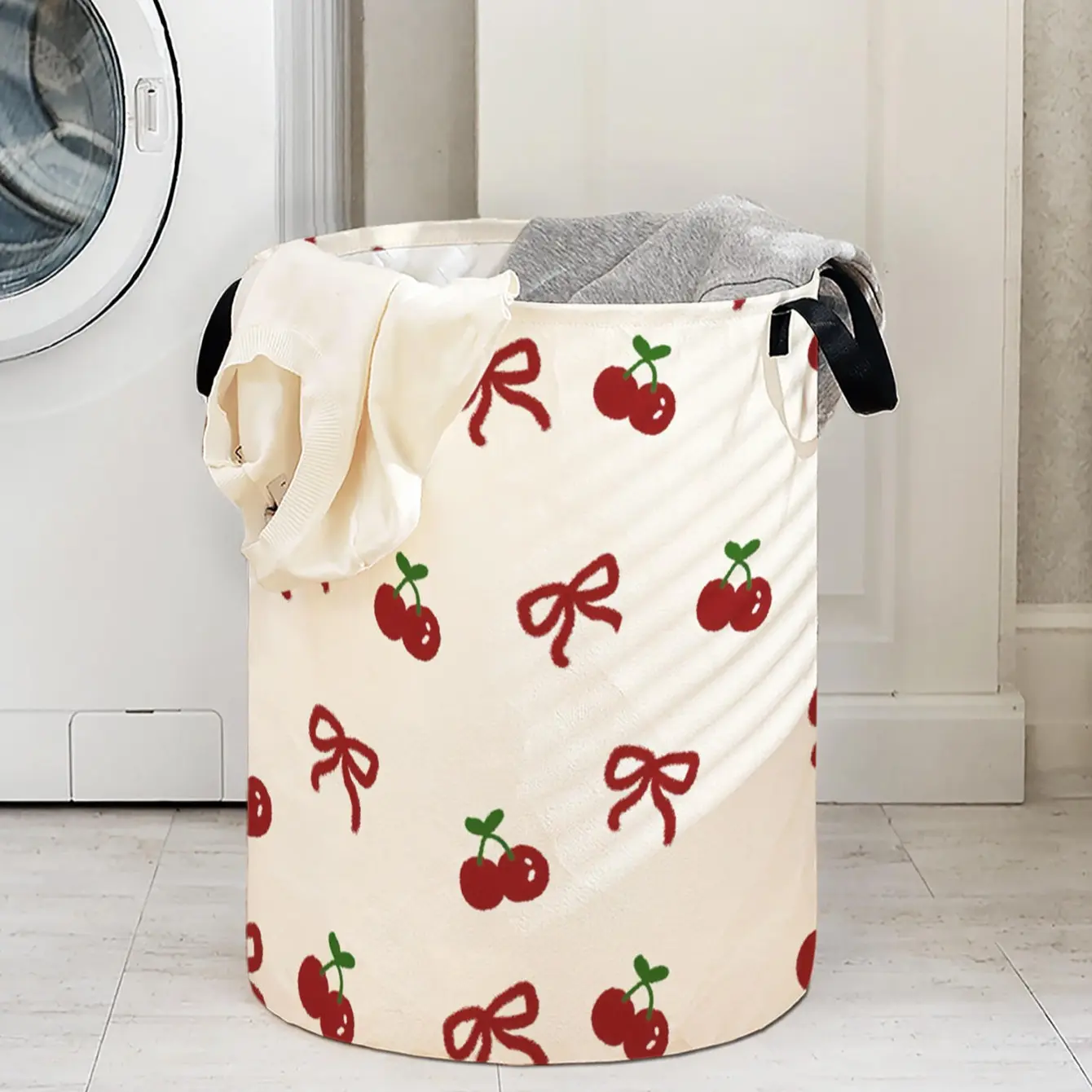 Durable Laundry Basket with Cherry Bow Print, Foldable Clothes Storage Bin, Large Capacity Toy Organizer, Reusable Home Use, Weaving Laundry Hamper, Woven Storage Basket, Laundry Sorting Basket, Laundry Basket Bag, Laundry Bin Sorter, Clothes Baskets