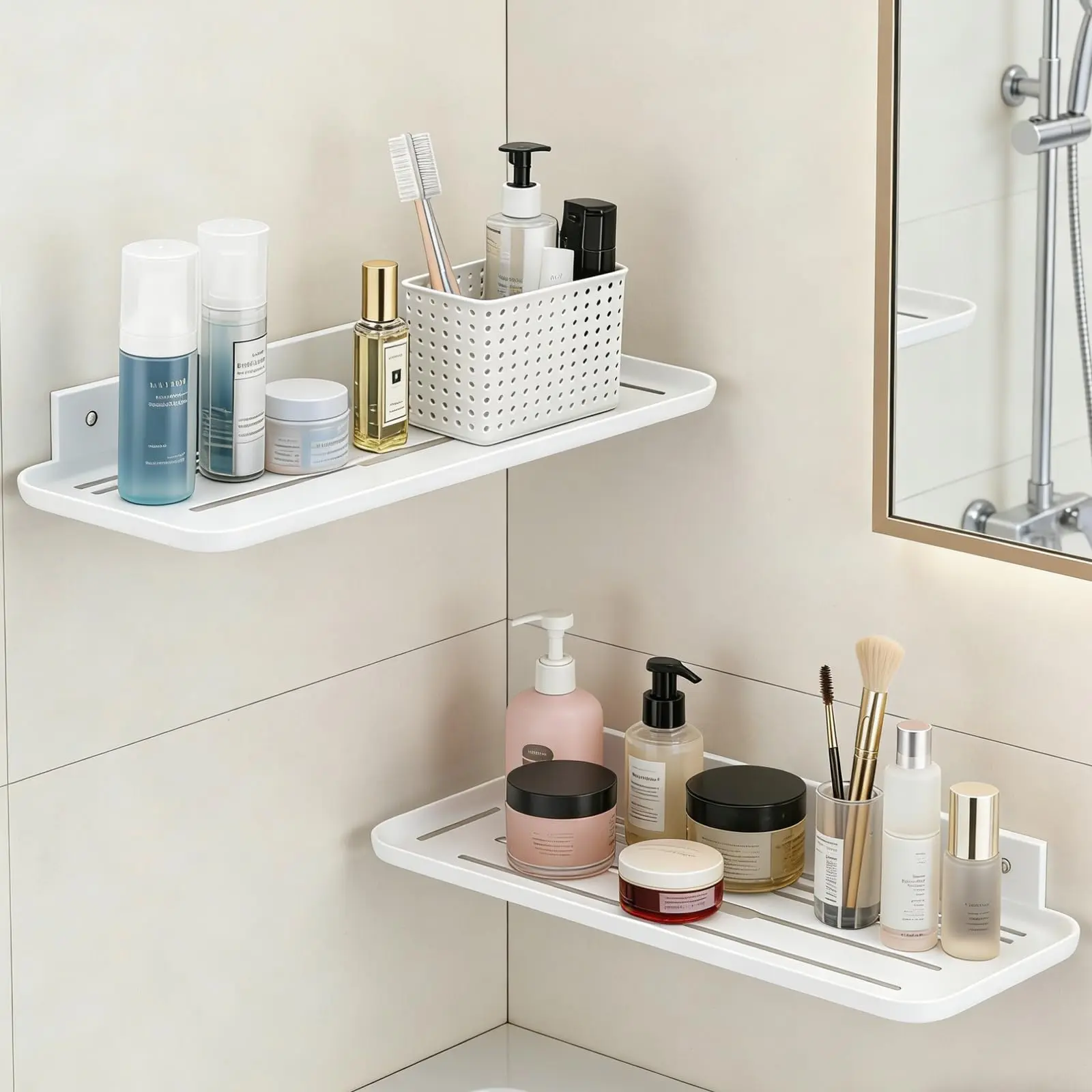 Wall Mounted Floating Shelf, Self Adhesive Shelf, No Drill Adhesive Wall Shelf, Floating Shelves Damage-Free Expand Walls Space for Living Room Kitchen Bathroom (2, White)