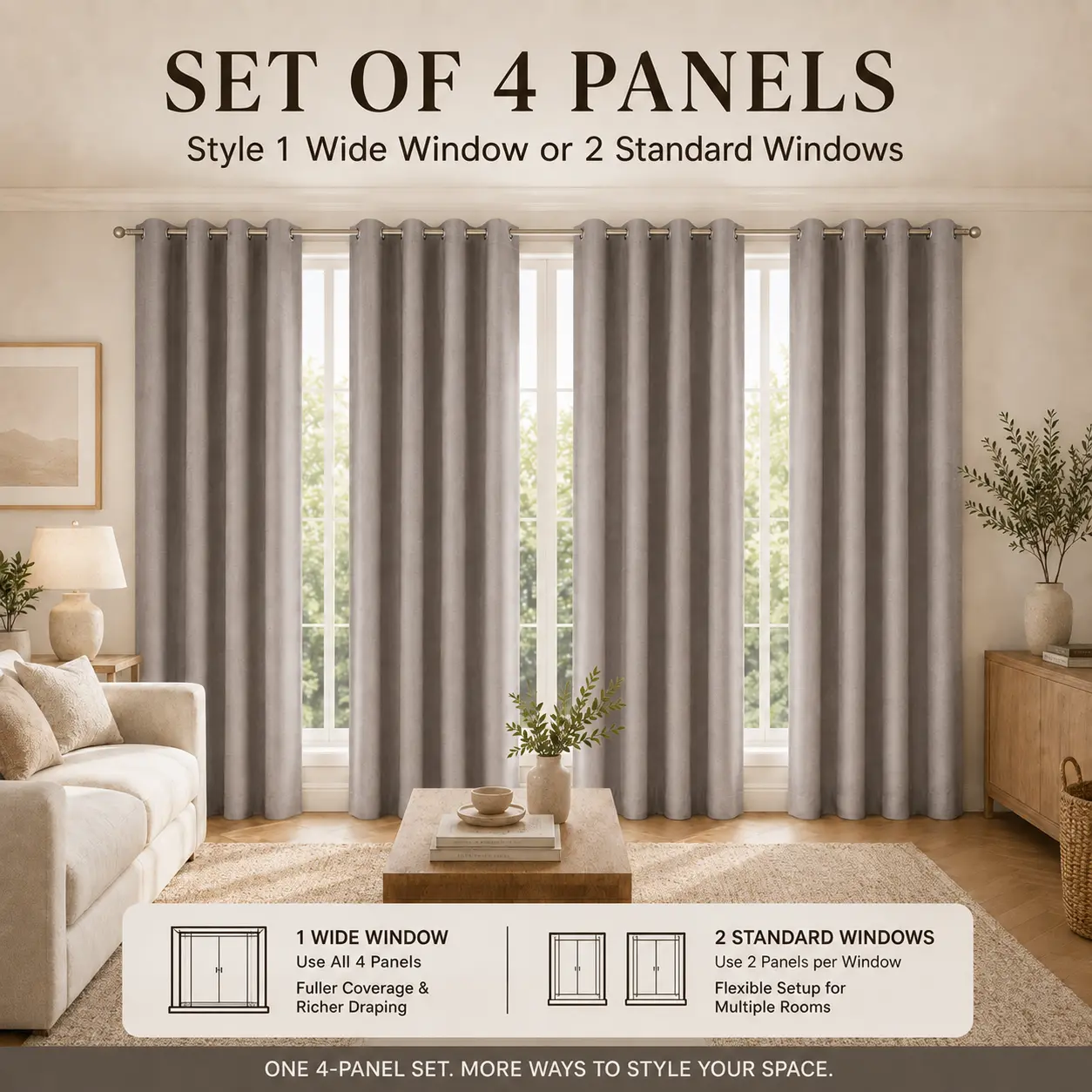 100% Blackout Curtains 4-Panel Set, Linen Look Drapes with Physical White Backing & Silver Grommets, Split into 2 Pairs or Use Together, Privacy Protection for Bedroom & Living Room, Aesthetic Home Decor, Multiple Colors & Sizes, Living Room Decor