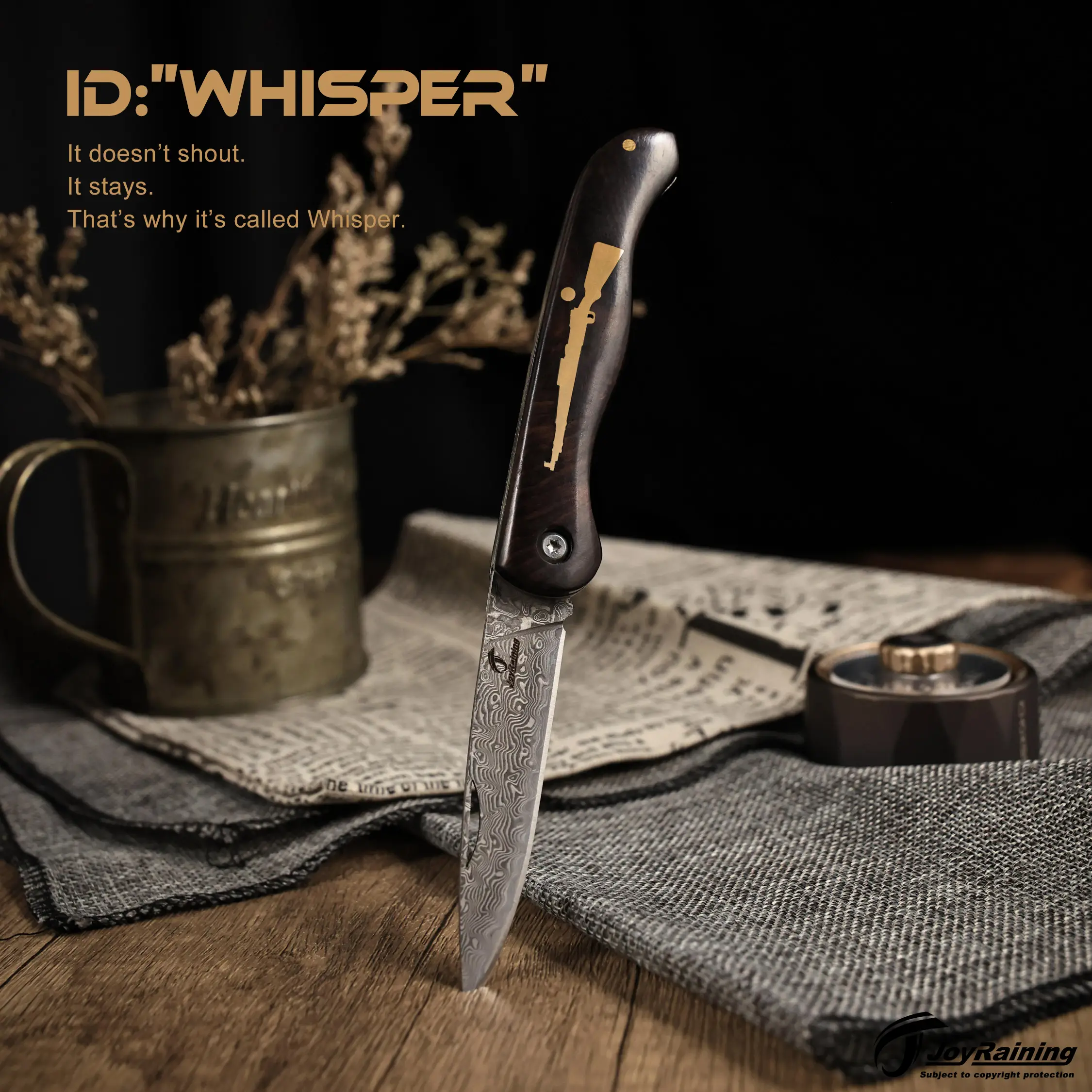 JoyRaining Handmade Damascus Folding Pocket Knife, Ebony Handle with Brass Rifle Inlay, Lightweight EDC Knife for Men, Gift for Father Husband Friend