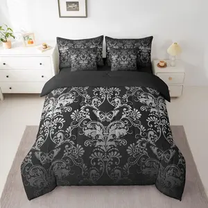 Gothic Damask 7 Piece Comforter Set,Butterfly Skull Bedding Sets,White Black Victorian Floral Goth Sheet Set with Comforter