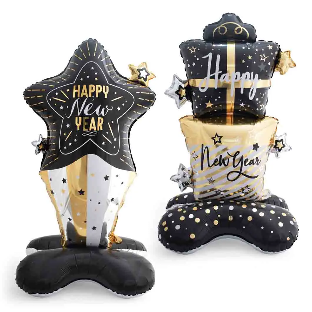 Happy New Years Balloons,Large Standing Gift Box with Star Balloon Balack Foil Balloons Set, 2025 New Years Gift Balloon with Base New Year Party Supplies Decorations 2 Pcs