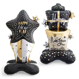 Happy New Years Balloons,Large Standing Gift Box with Star Balloon Balack Foil Balloons Set, 2025 New Years Gift Balloon with Base New Year Party Supplies Decorations 2 Pcs