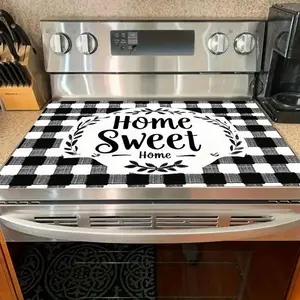 1pc 2D Flat "Home Sweet Home" Stove Top Protector - Black & White Checkered with Laurel Leaves, Scratch & Heat Resistant, Easy-Clean Surface, Compatible with Electric Stoves,Cooktop Protection, Classic Design, Highquality Fabric, Burner Guard, Home Cooks