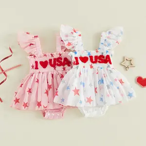 4th Of July Baby Girl Outfits Stars Tulle Tutu Dress Newborn Infant Bow Mesh Smocked Dresses Memoriday Day Clothes