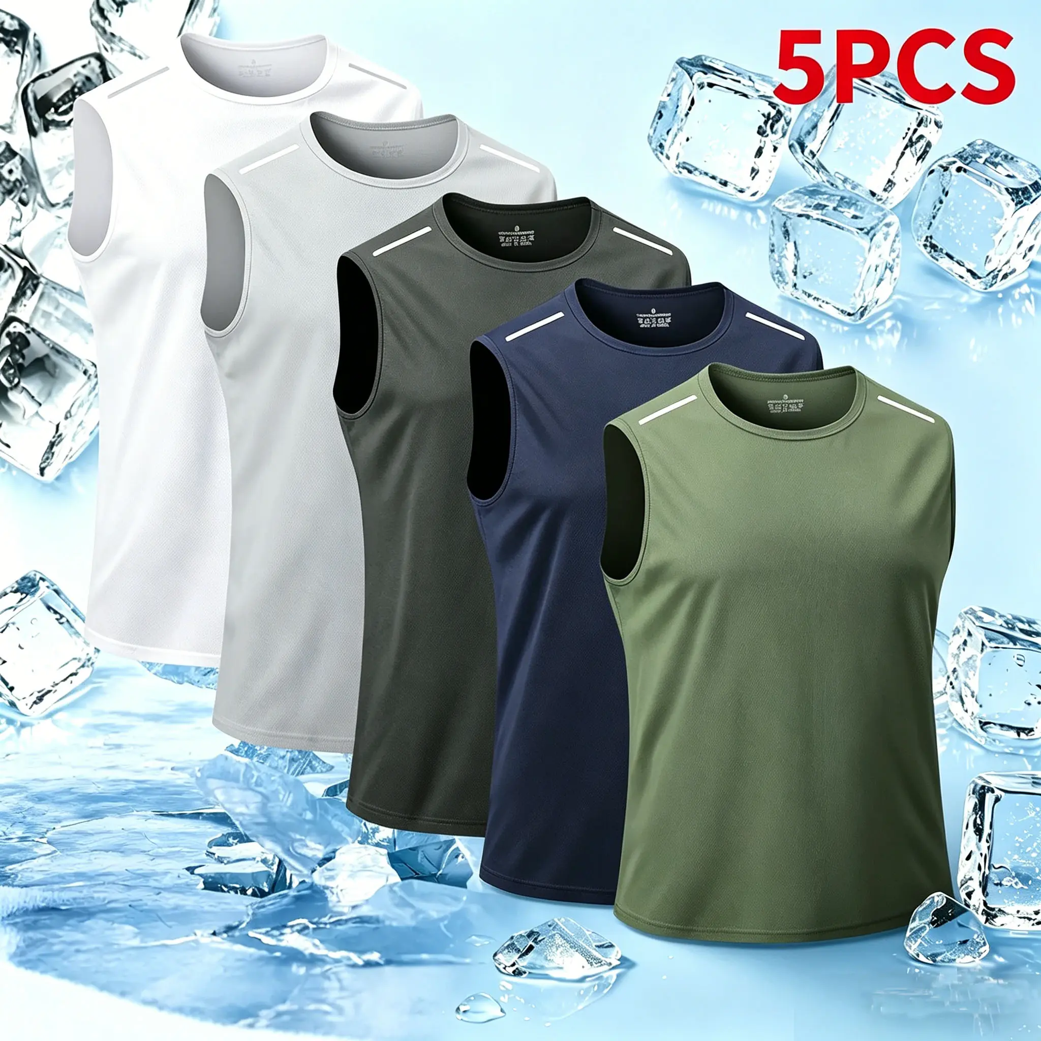 Set of 5 men’s sleeveless tank tops — fitness, running, casual athletic tops with a crew neck and striped design, stylish Set of 5 men’s sleeveless tank tops — fitness, running, casual athletic tops with a crew neck and striped design, stylish