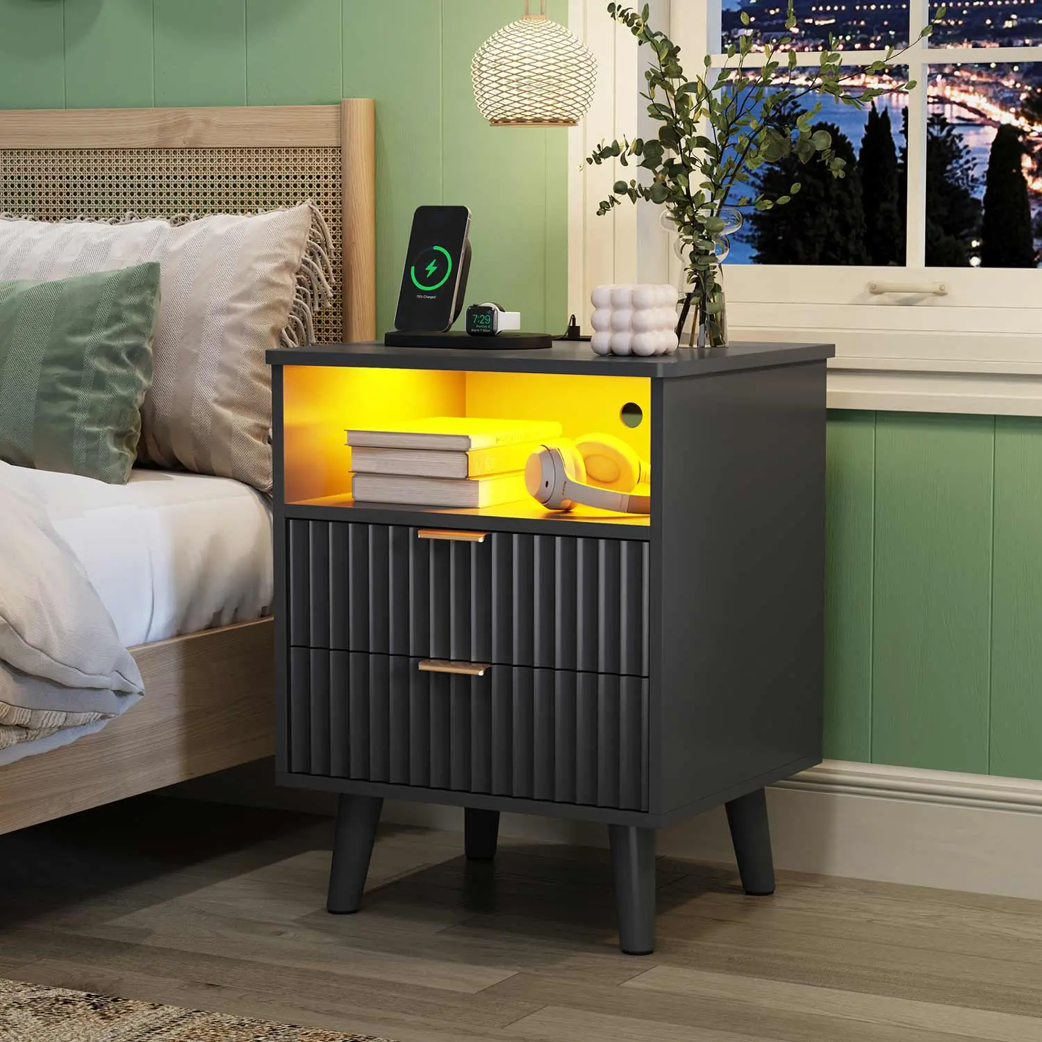 SIKAIC Modern Nightstand with Charging Station, 2 AC Outlets & 4.9ft Power Cord - Black Fluted Bedroom Side Table with Storage, Assembly Required
