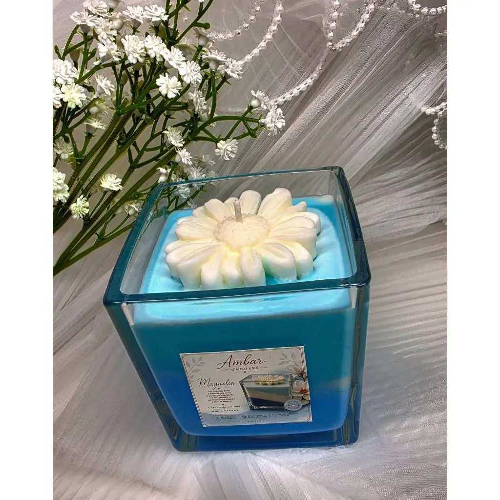 Ambar Floral Blue & White Magnolia Fragrance Soy Scented Candle, Home Decor Home Supplies Item