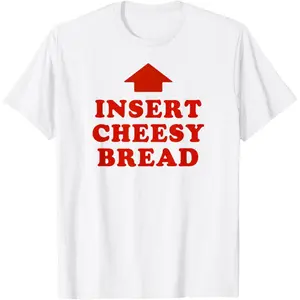 Red T Shirt with Cheesy Bread Text and Arrow Graphic