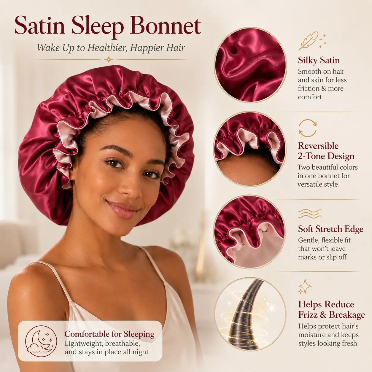 Women’s Satin Bonnet for Sleeping, Double-Layer Reversible Silk Hair Bonnet, Soft Elastic Night Sleep Cap for Curly, Natural, Braided and Textured Hair