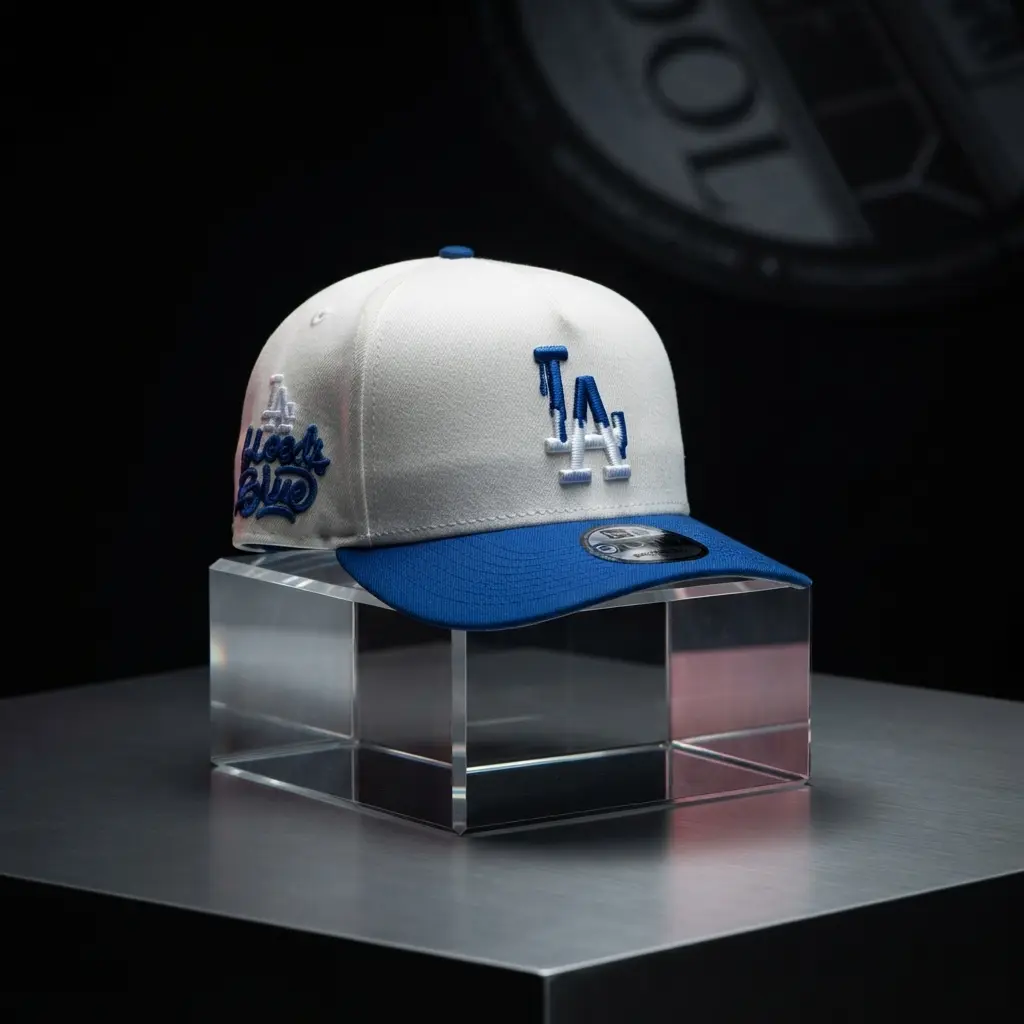 Cream & Royal Blue Baseball Cap | 3D Drip Effect Monogram & Cursive Side Text Embroidery, High-Crown Curved Brim Hat#NEW#CAP