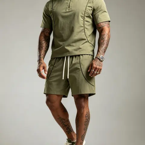 Men's 2-Piece Matched Summer Sports Set - Quick-Dry Short-Sleeve Half-Zip Top, Loose-Fit Multi-Pocket Shorts, Elastic Plain Fabric, Drip Dry, Figure-Flattering for Outdoor Activities, Any Body Type, No Extra Hunt