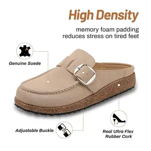 Women's 2026 Suede Clogs Mules Footwear - Garden Loafer Shoes with Memory Foam, Adjustable Hook & Loop Ankle Strap, Anti-Slip Backless Design for Home, Office Walking, Flat Comfortable Slipper Girl Leather Buckle Active Active