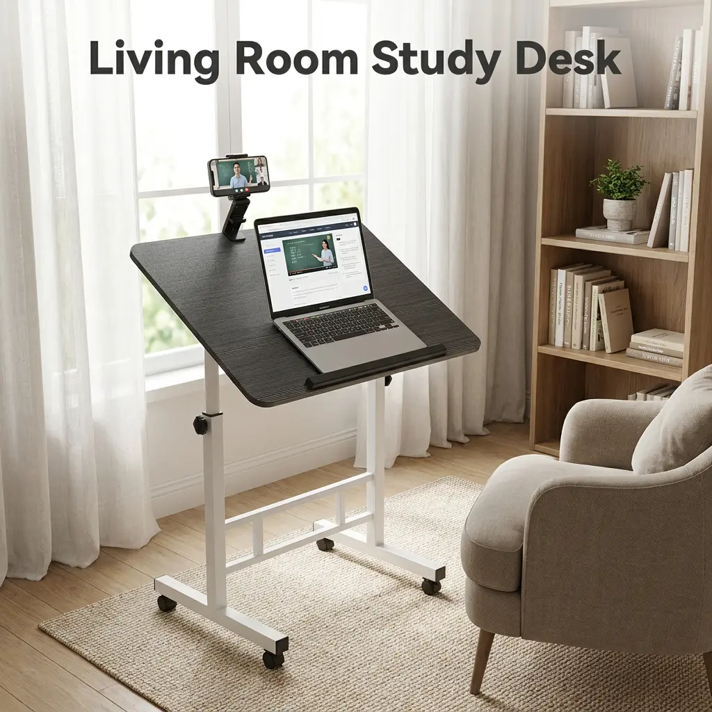 Height Adjustable Rolling Laptop Desk with Phone Holder, Mobile Bedside Table with Wheels, Tiltable Desktop for Home Office, Living Room, Bedroom, Studying and Remote Work