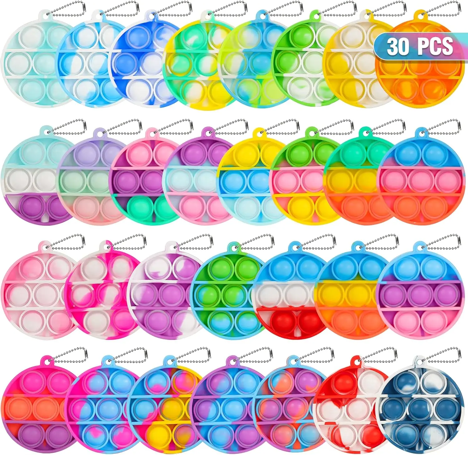 30-Pack Round Mini Pop Fidget Keychain Bundle Set (Ages 4+ Yrs, 4-8 Years) - 7.7 oz, 9.65 x 7.99 x 0.67 in, Sensory Stress Relief Toy for Kids’ Party Favors, Classroom Prizes, Goodie Bag Fillers