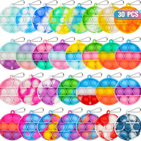 30-Pack Round Mini Pop Fidget Keychain Bundle Set (Ages 4+ Yrs, 4-8 Years) - 7.7 oz, 9.65 x 7.99 x 0.67 in, Sensory Stress Relief Toy for Kids’ Party Favors, Classroom Prizes, Goodie Bag Fillers