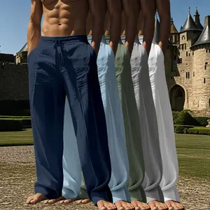 Men’s 5-pack comfortable solid-color straight-leg pants—casual loose fit with drawstring elastic waistband and pockets; long pants suitable for summer beach vacations and everyday wear.