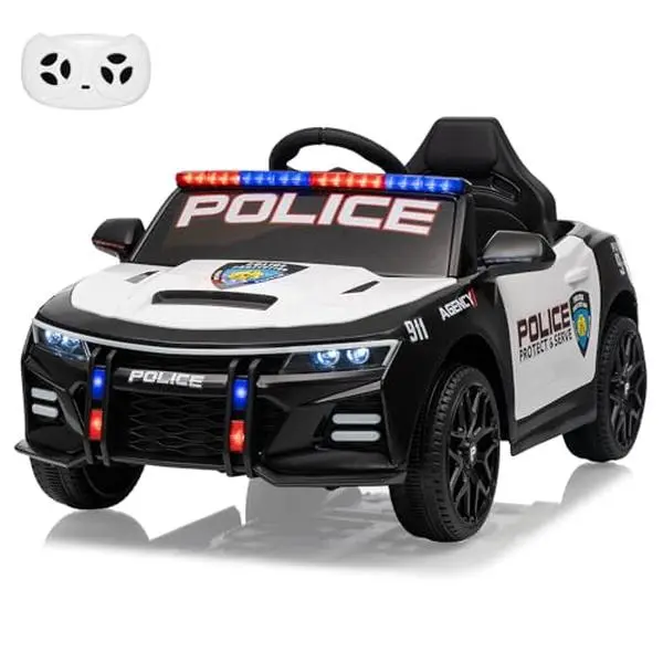Unisex 12V Kids Ride-On Police Car, Rechargeable, Remote Control, Emergency Sirens, Emergency Alert Tones, Megaphone, Flashing Lights, Built-In Music, Realistic Decals