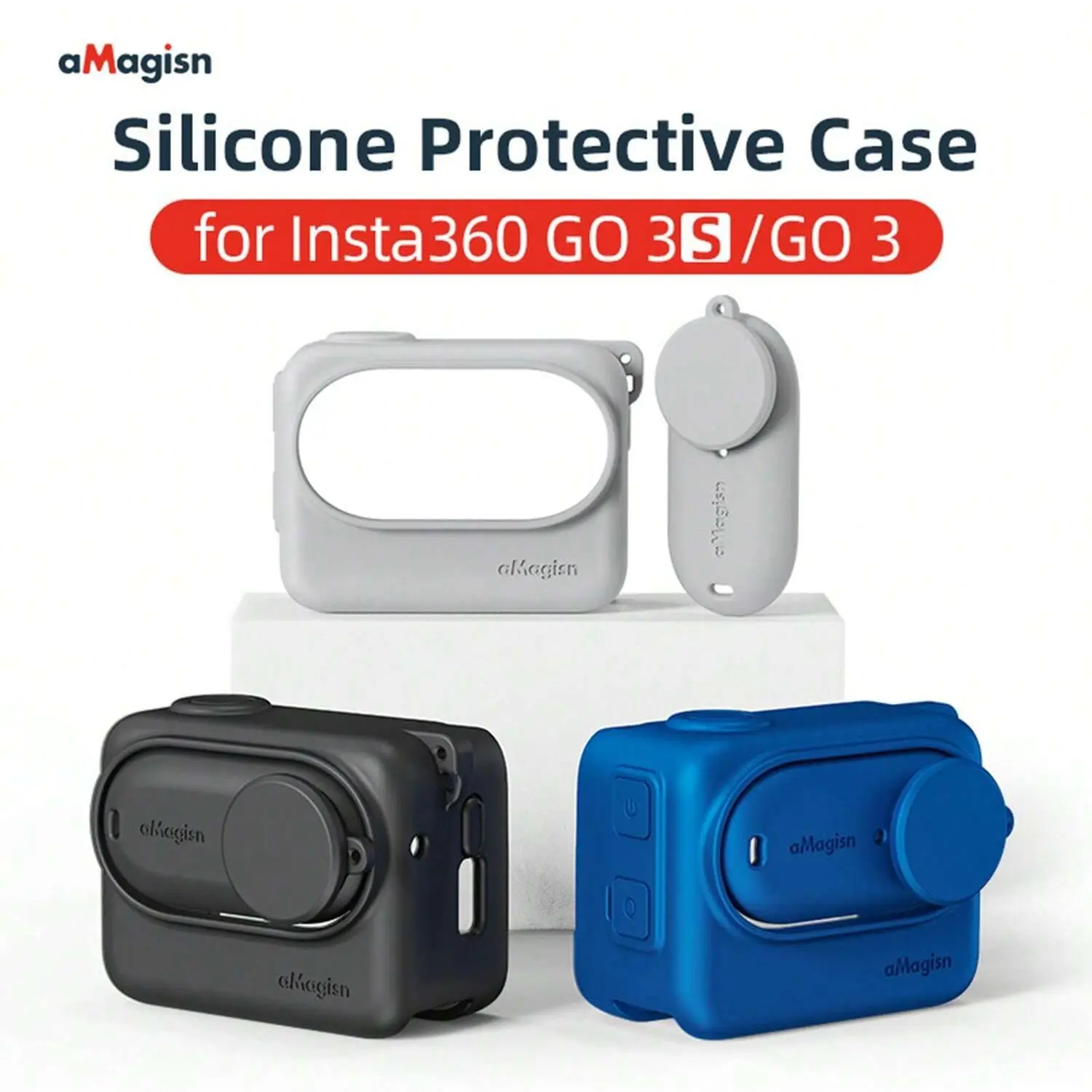 for Insta360 GO 3S/GO3 Silicone Protective Case, Sports Action Camera Accessories, Black/Bule/Grey, for Outdoor Sports, Campus Photography, Camera Screen and Lens Protector, Convenient Installation, Free Lens Cap Anti-Lost Lanyard & Wrist Strap
