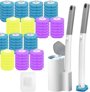 A Set of Disposable Toilet Brushes with Replacement Heads and Bases Wall Mounted or Floor Mounted, Convenient for Bathroom Cleaning