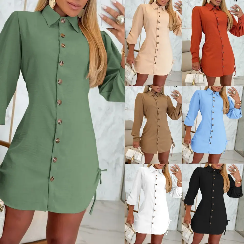 Women's button-down shirt dress with rolled sleeves and side drawstrings, mini dress with drawstrings on both sides, short skirt